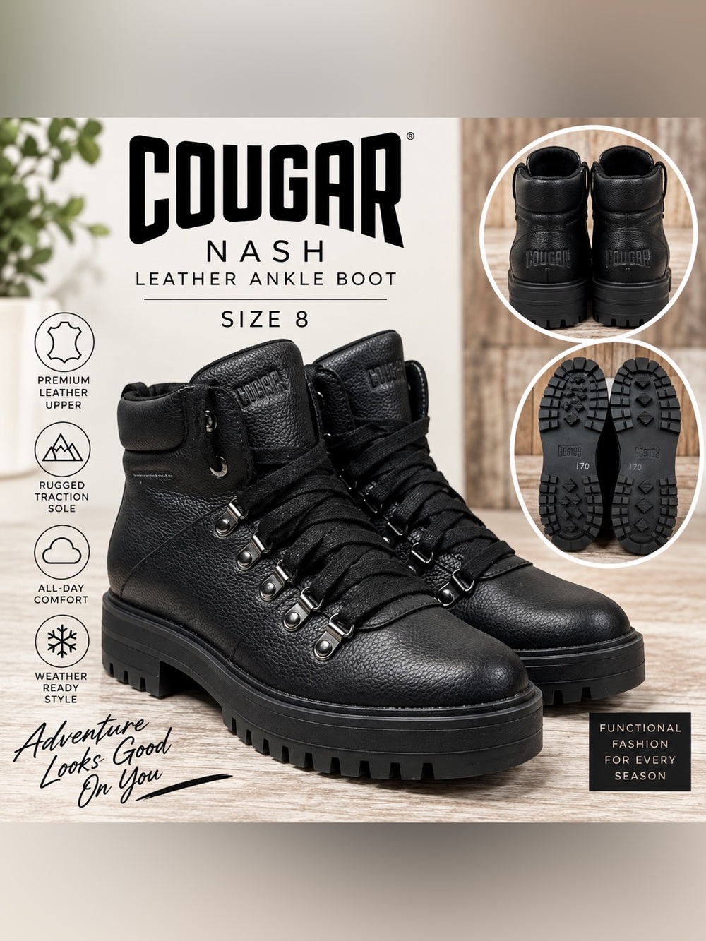 Cougar Nash Black Leather Ankle Boots Women’s Size 8 Lug Sole Lace Up